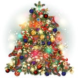 Christmas Tree Ornate Decorated By Baubles, Snowflakes, Socks. B Royalty Free Stock Image
