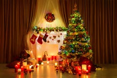 Christmas Tree Room, Xmas Home Night Interior, Fireplace Lighs stock image Christmas Tree Room, Xmas Home Night Interior, Fireplace Lighs stock image