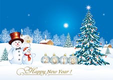 Happy New Year 2018. Christmas tree with snowmen. Christmas tree with snowmen on the background of a winter landscape vector illustration Happy New Year 2018. Christmas tree with snowmen. Christmas tree with snowmen on the background of a winter landscape vector illustration