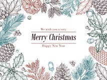 Christmas vintage invitation. Winter fir pine branches, pinecones floral border. Christmas, xmas botanical sketch frame