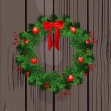Christmas wreath decorations with fir tree, striped bows, pine cones, holly berries and garland decorative elements. 2018 New Year design. Modern greeting stock illustration Christmas wreath decorations with fir tree, striped bows, pine cones, holly berries and garland decorative elements. 2018 New Year design. Modern greeting stock illustration