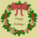 Christmas wreath of holly with red berries, green leaves, red bow, ginger biscuits. Royalty Free Stock Image Christmas wreath of holly with red berries, green leaves, red bow, ginger biscuits. Royalty Free Stock Image