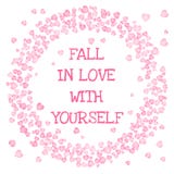 Chute dans l'amour avec vous-m?me texte dans un cadre de cercle des coeurs roses sur le fond blanc Carte de vecteur illustration stock Chute dans l'amour avec vous-m?me texte dans un cadre de cercle des coeurs roses sur le fond blanc Carte de vecteur illustration stock