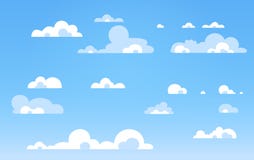 Cielo azul de la historieta con las nubes en el día brillante Silueta de las nubes mullidas blancas aisladas en fondo azul Sistem stock de ilustración Cielo azul de la historieta con las nubes en el día brillante Silueta de las nubes mullidas blancas aisladas en fondo azul Sistem stock de ilustración