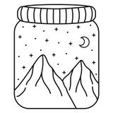 Cielo nocturno y montañas en un tarro de cristal Montañas, luna y estrellas blancos y negros del garabato stock de ilustración Cielo nocturno y montañas en un tarro de cristal Montañas, luna y estrellas blancos y negros del garabato stock de ilustración