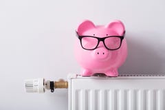 Cieplarka I prosiątko bank Z Eyeglasses Na grzejniku obraz stock Cieplarka I prosiątko bank Z Eyeglasses Na grzejniku obraz stock
