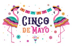 Cinco de mayo, Mexican Fiesta banner and poster design with flamingo, flowers, decorations stock illustration Cinco de mayo, Mexican Fiesta banner and poster design with flamingo, flowers, decorations stock illustration