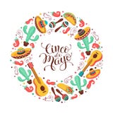 Cinco de Mayo poster. Cinco de Mayo greeting card in circle shape. Mexican culture attributes collection. Cinco de Mayo poster with guitar, sombrero, maracas Cinco de Mayo poster. Cinco de Mayo greeting card in circle shape. Mexican culture attributes collection. Cinco de Mayo poster with guitar, sombrero, maracas