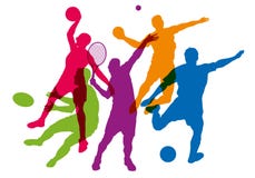 Cinco siluetas en colores de deportistas en la acción ilustración del vector Cinco siluetas en colores de deportistas en la acción ilustración del vector