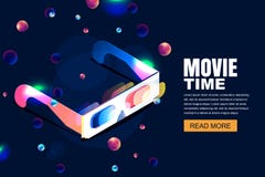 Cine de neón que brilla intensamente del vector, ejemplo de la película vidrios 3d en estilo isométrico en fondo cósmico del ciel ilustración del vector Cine de neón que brilla intensamente del vector, ejemplo de la película vidrios 3d en estilo isométrico en fondo cósmico del ciel ilustración del vector