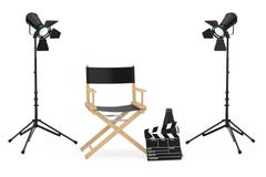 Cinema Industry Concept. Director Chair, Movie Clapper and Spot stock illustration Cinema Industry Concept. Director Chair, Movie Clapper and Spot stock illustration