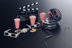 Cinema movie watching. Composition with 3d glasses, movie clapper, film reel, popcorn and filmstrip Cinema concept royalty free illustration Cinema movie watching. Composition with 3d glasses, movie clapper, film reel, popcorn and filmstrip Cinema concept royalty free illustration