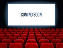 Cinéma Hall Film intérieur avec venir bientôt texte sur l'écran blanc et les sièges rouges vides Fond de vecteur de salle de ciné illustration stock Cinéma Hall Film intérieur avec venir bientôt texte sur l'écran blanc et les sièges rouges vides Fond de vecteur de salle de ciné illustration stock