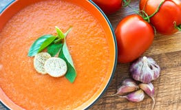 Ciotola di gaspacho della minestra del pomodoro fotografia stock libera da diritti Ciotola di gaspacho della minestra del pomodoro fotografia stock libera da diritti