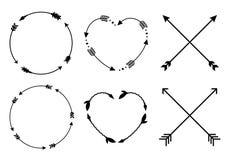 Circle and heart arrow frames. Circle and heart monograms. Criss cross hipster arrows. Arrows in boho style. Tribal arrows. Set of