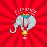 Circus elephant badge. Performance on the ball. Vintage Carnival logos or emblems. Label for the festival banner and royalty free illustration Circus elephant badge. Performance on the ball. Vintage Carnival logos or emblems. Label for the festival banner and royalty free illustration