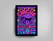Circus flyer in neon style. Circus show with elephant neon sign poster, bright banner, neon brochure, typography design vector illustration Circus flyer in neon style. Circus show with elephant neon sign poster, bright banner, neon brochure, typography design vector illustration