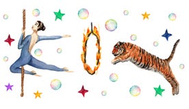 Circus horizontaal patroon, zeepbels, sterren, tijger, brandring, acrobaat Waterverfillustratie op wit vector illustratie Circus horizontaal patroon, zeepbels, sterren, tijger, brandring, acrobaat Waterverfillustratie op wit vector illustratie