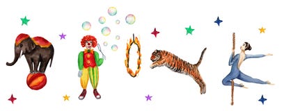 Circus horizontal pattern, elephant, clown, tiger and acrobat. Watercolor illustration on white stock illustration Circus horizontal pattern, elephant, clown, tiger and acrobat. Watercolor illustration on white stock illustration