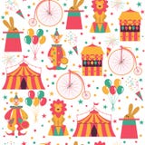 Circuspatroon met clown, fiets, ballons, konijn in hoed en leeuw vector illustratie Circuspatroon met clown, fiets, ballons, konijn in hoed en leeuw vector illustratie