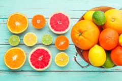 Citrus Fruits In Retro Colander. Stock Photography