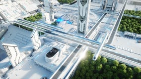 Città futuristica, città Il concetto del futuro Siluetta dell'uomo Cowering di affari Animazione realistica 4K illustrazione di stock Città futuristica, città Il concetto del futuro Siluetta dell'uomo Cowering di affari Animazione realistica 4K illustrazione di stock