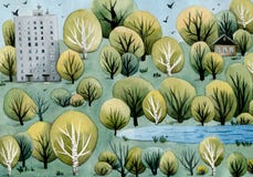 City landscape. Trees, houses, pond stock illustration City landscape. Trees, houses, pond stock illustration