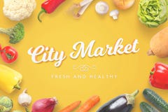 City Market Grocery Store Text Surrounded With Organic Fresh Vegetables On Yellow Table Royalty Free Stock Photography