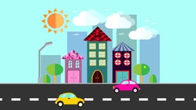 The city, a small town in flat style with houses with a sloping tile roof, cars, trees, birds, clouds, sun, road, lantern on a blu vector illustration The city, a small town in flat style with houses with a sloping tile roof, cars, trees, birds, clouds, sun, road, lantern on a blu vector illustration