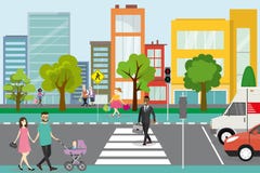 City street with pedestrians and road with transport vector illustration City street with pedestrians and road with transport vector illustration