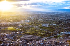 Cityscape aerial view of the Murcia city, from the mountains during a beautiful sunset stock photos Cityscape aerial view of the Murcia city, from the mountains during a beautiful sunset stock photos