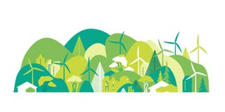 Cityscape met groene heuvels Behoud van het milieu, ecologie, alternatieve energiebronnen vector illustratie Cityscape met groene heuvels Behoud van het milieu, ecologie, alternatieve energiebronnen vector illustratie