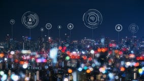 Cityscape met het verbinden van conceptuele punttechnologie van slimme stad stock fotografie Cityscape met het verbinden van conceptuele punttechnologie van slimme stad stock fotografie