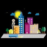 Cityscape nachtvector met volle maan, wolken en ster stock illustratie Cityscape nachtvector met volle maan, wolken en ster stock illustratie