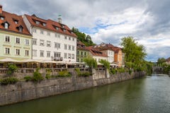 Cityscape view on Ljubljanica river in Ljubljana old town. stock image Cityscape view on Ljubljanica river in Ljubljana old town. stock image