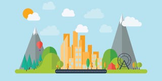 Ciudad plana de la montaña del diseño ilustración del vector Ciudad plana de la montaña del diseño ilustración del vector