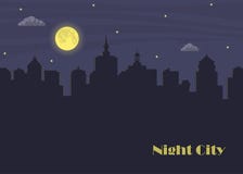 Ciudad y luna de la noche Scape urbano oscuro en claro de luna Paisaje urbano de la noche en estilo plano con el lugar para el te libre illustration Ciudad y luna de la noche Scape urbano oscuro en claro de luna Paisaje urbano de la noche en estilo plano con el lugar para el te libre illustration