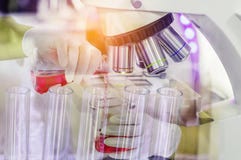 Ciérrese encima del equipo del microscopio para los experimentos de la investigación con el líquido de la química de la investiga foto de archivo Ciérrese encima del equipo del microscopio para los experimentos de la investigación con el líquido de la química de la investiga foto de archivo