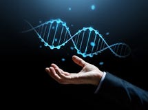 Ciérrese para arriba de la mano del hombre de negocios con la molécula de la DNA imagenes de archivo Ciérrese para arriba de la mano del hombre de negocios con la molécula de la DNA imagenes de archivo