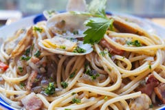 A close-up of clam spaghetti