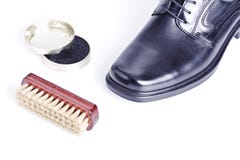 Classic Black Men S Shoe, Boot Polish And Brush Stock Photos