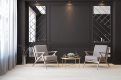 Classic black modern interior empty room with lounge armchairs