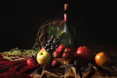 Classic Dutch Still Life With Dusty Bottle Of Wine And Fruits On A Dark Background Royalty Free Stock Images Classic Dutch Still Life With Dusty Bottle Of Wine And Fruits On A Dark Background Royalty Free Stock Images