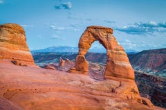 Classic view of famous Delicate Arch at sunset, Utah, USA stock photography Classic view of famous Delicate Arch at sunset, Utah, USA stock photography