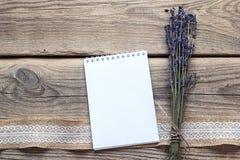 Clean open notebook with lavender flowers bouquet on rustic wood royalty free stock images Clean open notebook with lavender flowers bouquet on rustic wood royalty free stock images