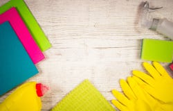 Set of cleaning up stuff on wooden background. Royalty Free Stock Photography Set of cleaning up stuff on wooden background. Royalty Free Stock Photography