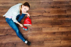 Cleaning Woman Sweeping Wooden Floor Stock Photography