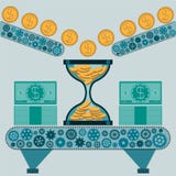 Clessidra con le monete e le banconote in dollari di oro sulla macchina illustrazione di stock Clessidra con le monete e le banconote in dollari di oro sulla macchina illustrazione di stock
