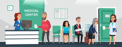 Clinic reception. Hospital patients, doctor waiting room and people wait doctors medical care cartoon vector stock illustration Clinic reception. Hospital patients, doctor waiting room and people wait doctors medical care cartoon vector stock illustration
