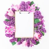 Clipboard, Tulips And Lilac Branch On Pink Background. Flat Lay, Top View. Beauty Blog Concept. Royalty Free Stock Image
